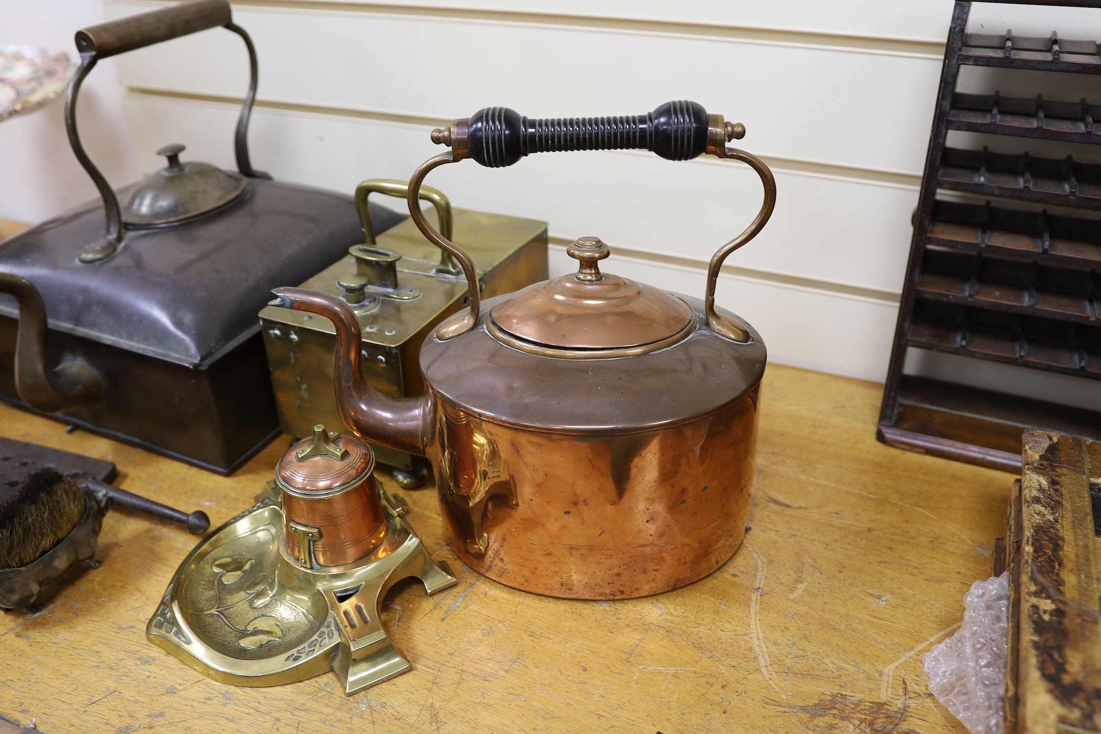 Mixed metalwares including an art nouveau copper and brass inkwell, painted model of a spaniel, honour box etc